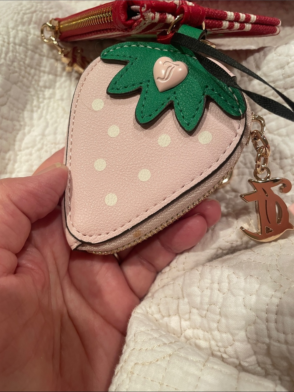 Juicy Couture Pink & Green Striped Card Case with Strawberry Coin Purse - Picture 3 of 3